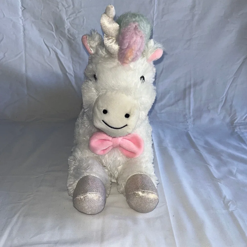 FAO Schwarz LED Light Up Unicorn Plush White Rainbow Mane Silver Horn Heart 12in